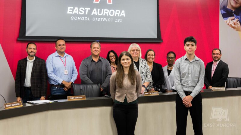 Student Board Members Kevin Martinez and Karina Villagran with the EASD 131 Board of Education and Superintendent Dr. Jennifer Norrell.